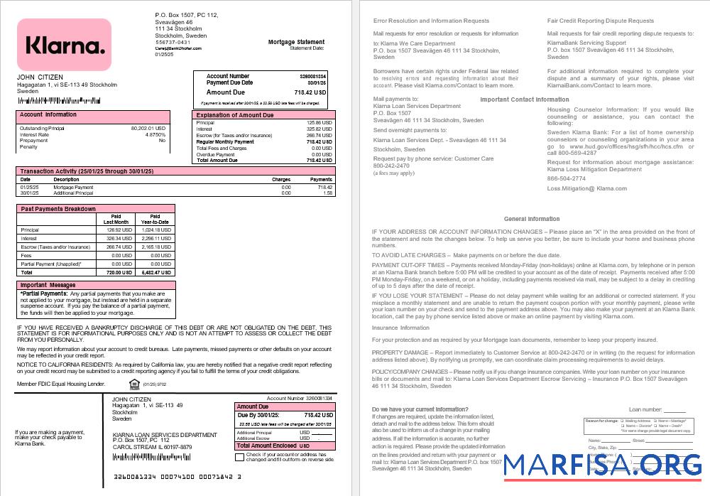 Blank Sweden Klarna Bank mortgage statement in Word and PDF formats download for verification